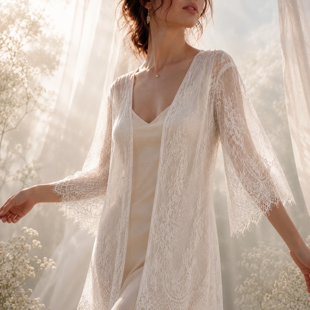 Chilah Lace Kimono Cardigan Women M White Sheer Bell Sleeve Boho Bridal Cover Up